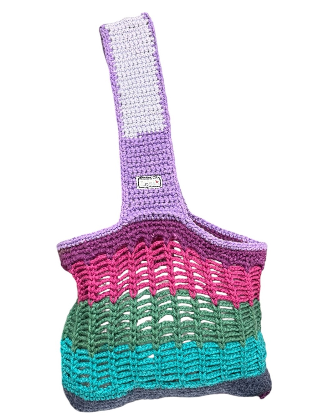 Handmade Crochet Colorblock Market Tote Bag Purple Teal Pink Boho Festival Bag